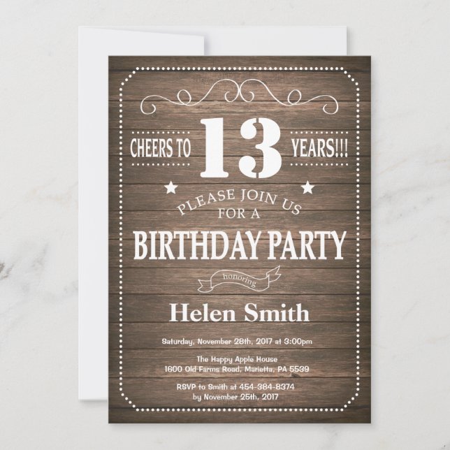 Rustic 13th Birthday Invitation (Front)