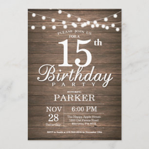 Rustic 15th Birthday Invitation String Lights Wood