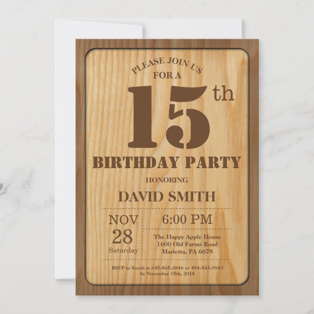 Rustic 15th Birthday Invitation Vintage Wood (Front)