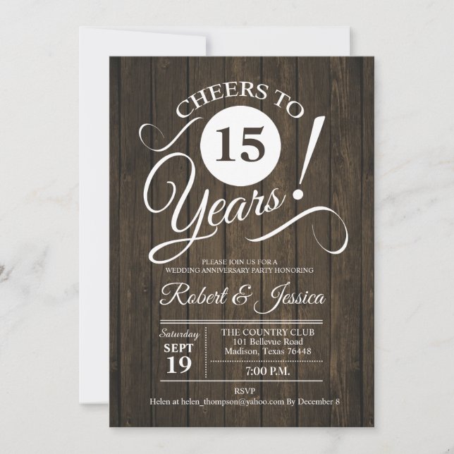 Rustic 15th Wedding Anniversary - Wood Invitation (Front)