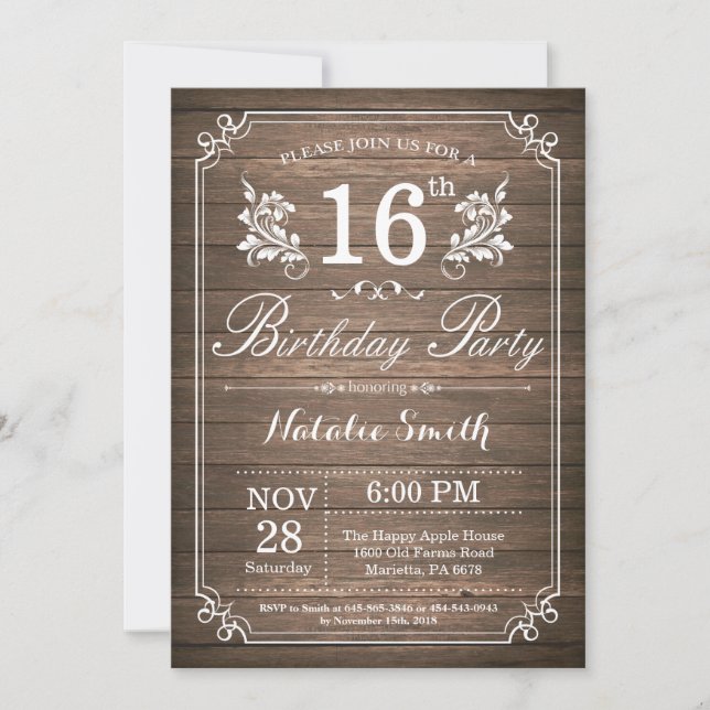 Rustic 16th Birthday Invitation Floral (Front)