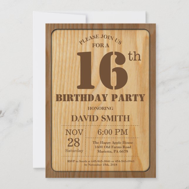 Rustic 16th Birthday Invitation Vintage Wood (Front)