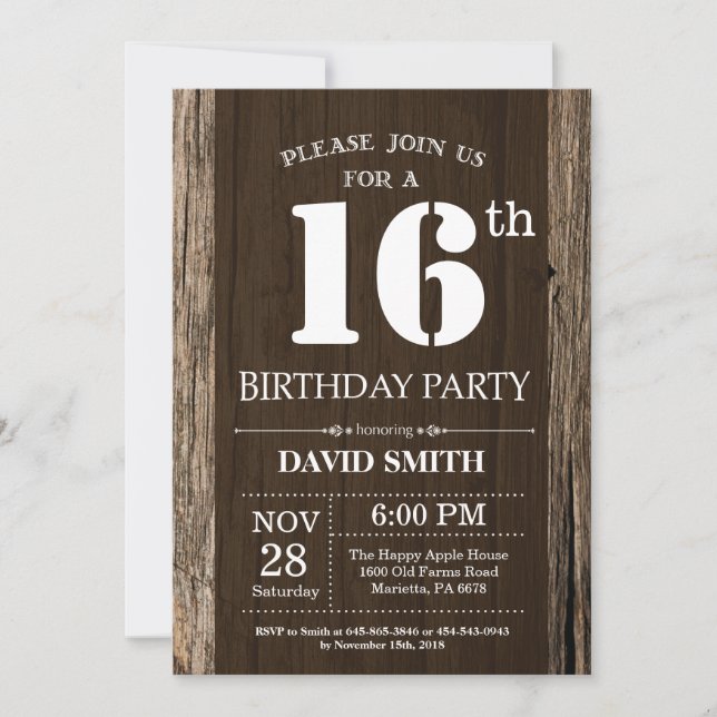 Rustic 16th Birthday Invitation Vintage Wood (Front)