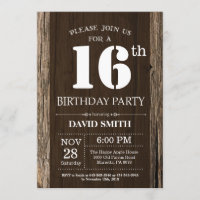Rustic 16th Birthday Invitation Vintage Wood