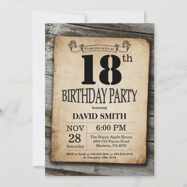 Rustic 18th Birthday Invitation Vintage Wood (Front)