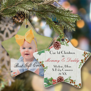 Rustic 1st Christmas Custom Photo New Mom & Dad Ceramic Ornament