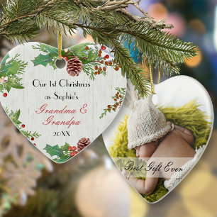 Rustic 1st Christmas New Grandparents Photo Ceramic Ornament