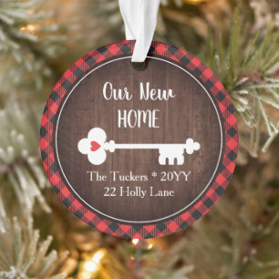 Rustic 1st Christmas New House Key Plaid Photo Ornament