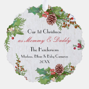 Rustic 1st Christmas New Mom Dad Milestone Photo Ornament Card