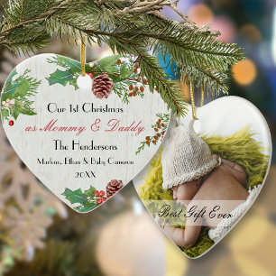 Rustic 1st Christmas New Mom & Dady Custom Photo Ceramic Ornament
