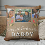 Rustic 1st Father`s Day Daddy Keepsake 3 Photo Throw Pillow<br><div class="desc">Rustic 1st Father`s Day Daddy Keepsake 3 Photo Throw Pillow. Rustic old paper beige background with cute flowers, the text is trendy white. Personalize with three photos, your name and the year. You can change daddy to dad, papa, pap, ... This custom and personalized pillow is a perfect gift for...</div>