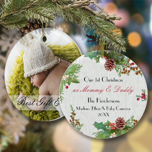 Rustic 1st Xmas New Mom & Dad Milestone Photo Ornament