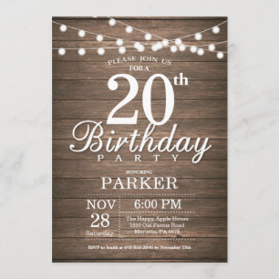 Rustic 20th Birthday Invitation String Lights Wood