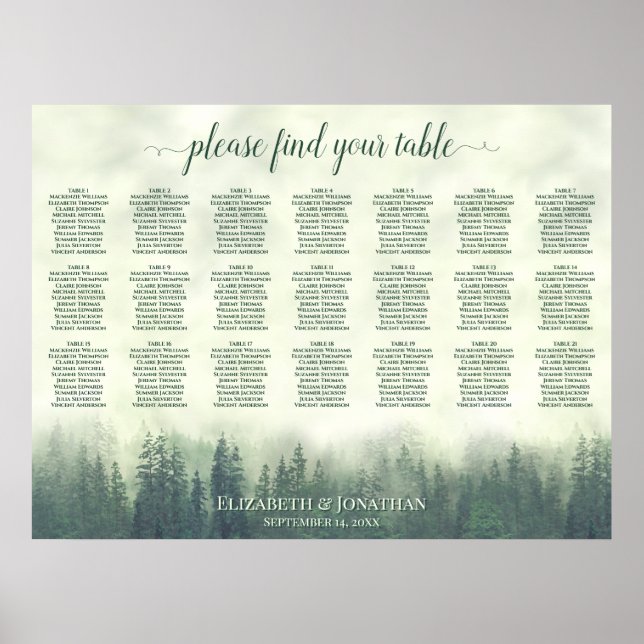 Rustic 21 Table Green Pines Wedding Seating Chart (Front)