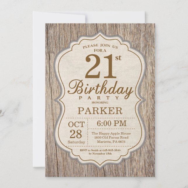 Rustic 21st Birthday Invitation Wood (Front)