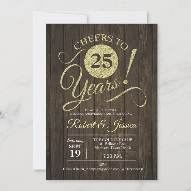 Rustic 25th Wedding Anniversary - Gold Wood Invitation (Front)