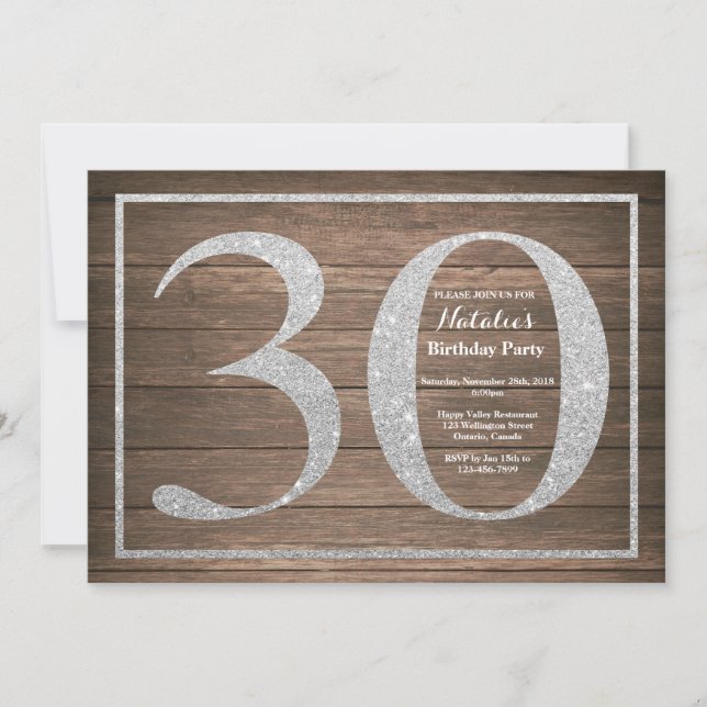 Rustic 30th Birthday Invitation Silver Glitter (Front)