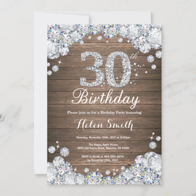 Rustic 30th Birthday Silver Diamond Invitation (Front)