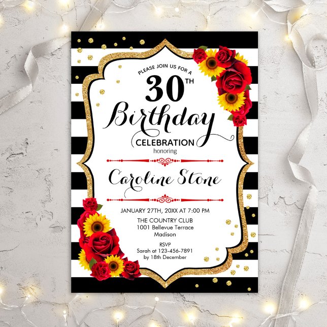 Rustic 30th Birthday - Sunflowers Roses Stripes Invitation (Creator Uploaded)