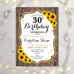 Rustic 30th Birthday - Sunflowers Wood Invitation<br><div class="desc">Rustic 30th Birthday Invitation.
Elegant design with sunflowers and faux glitter gold and dark brown wood pattern. Perfect for an elegant birthday party.</div>