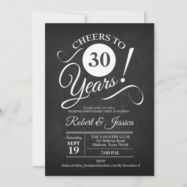 Rustic 30th Wedding Anniversary - Chalkboard White Invitation (Front)