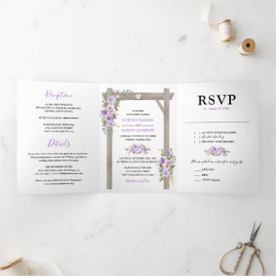 Rustic 3 in 1 Purple Watercolor Floral Wedding Tri-Fold Invitation