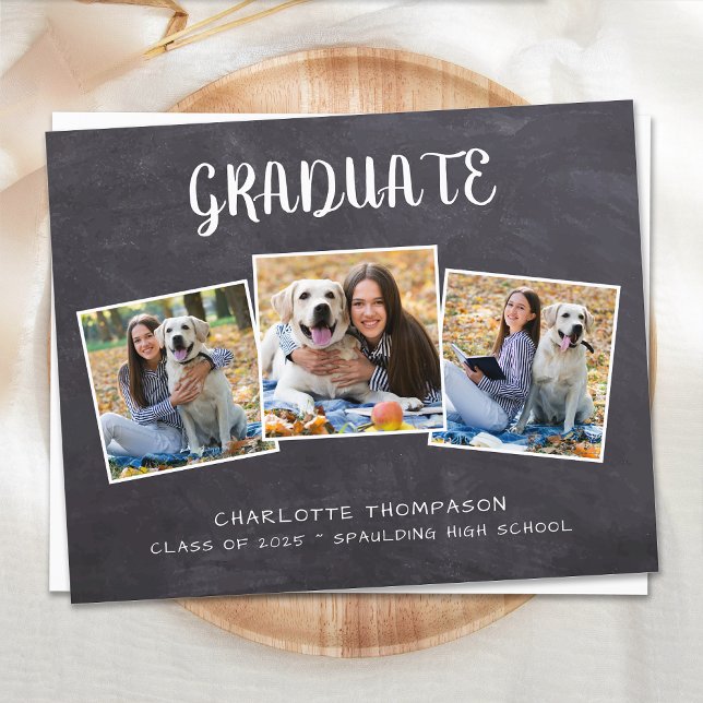 Rustic 3 Photo Chalkboard Graduation Invitation Po Postcard (Creator Uploaded)