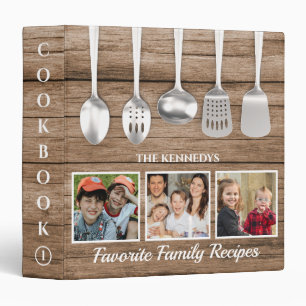 Rustic 3 Photo Family Recipe Cookbook Spoons Wood Binder