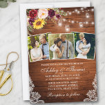 Rustic 3 Photo Mixed Floral Jar Lights Wedding Invitation<br><div class="desc">Rustic Wood,  Watercolor Burgundy Floral Wedding Lace Invitation with Burgundy Roses,  Pink Roses,  Red Roses,  Sunflowers and Botanical Greenery. Mason Jar String Lights.</div>
