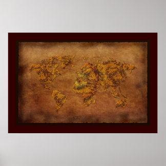 Rustic 3D Rust-tone World Map Art Poster