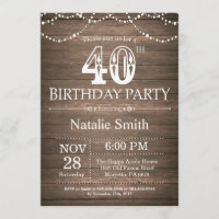 Rustic 40th Birthday Invitation String Lights