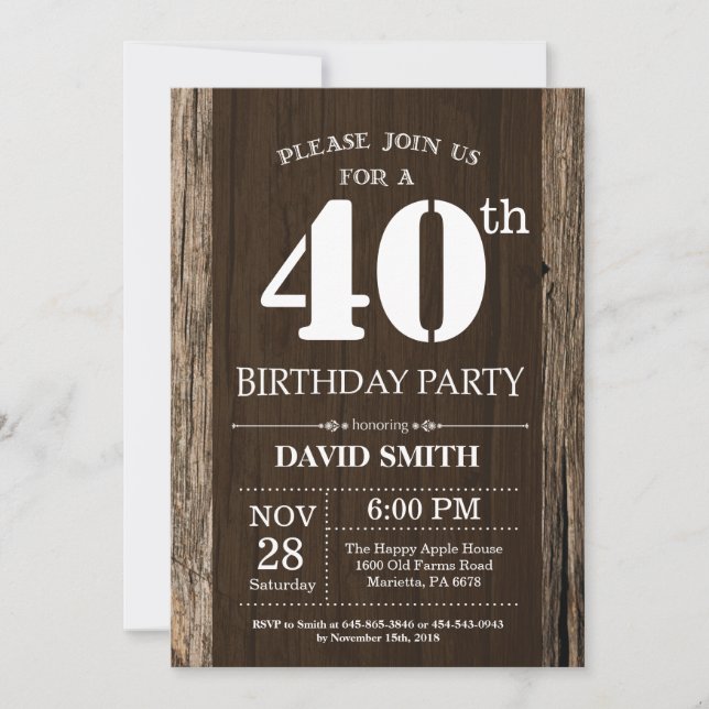 Rustic 40th Birthday Invitation Vintage Wood (Front)