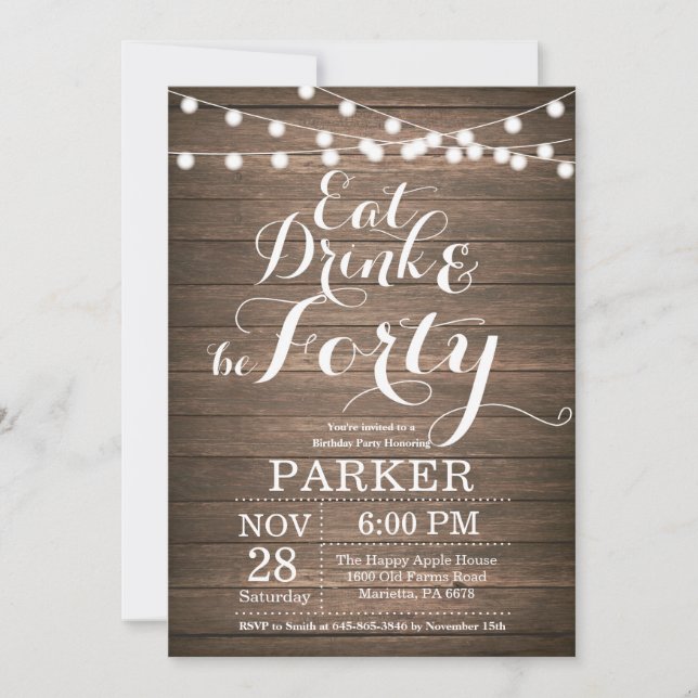 Rustic 40th Birthday Invitation Wood (Front)