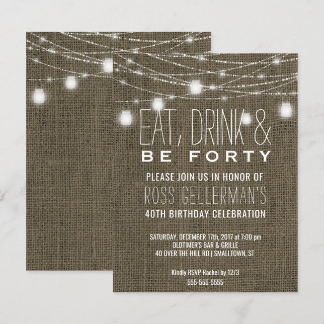 Rustic 40th Birthday Party Burlap String Lights Invitation (Front/Back)