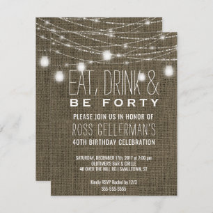Rustic 40th Birthday Party Burlap String Lights Invitation