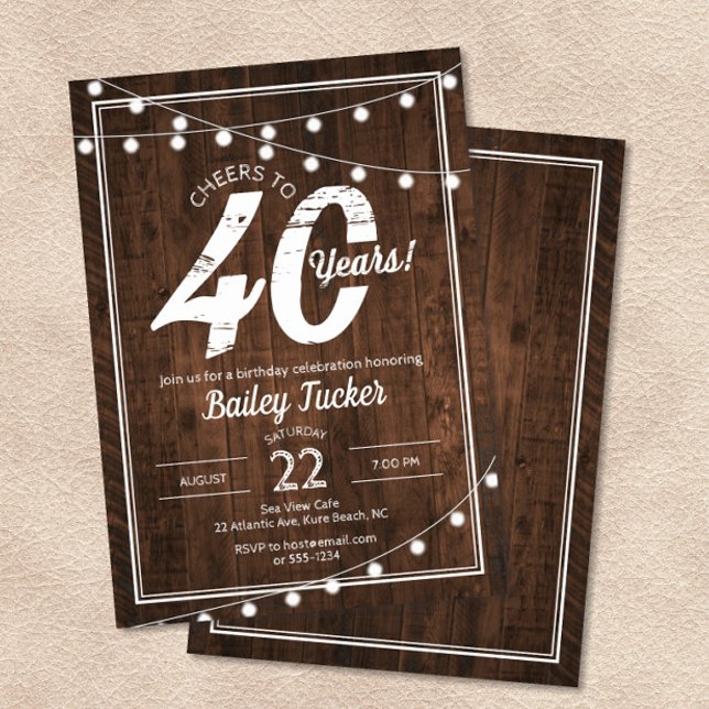 Rustic 40th Birthday with String Lights Party Invitation (Creator Uploaded)