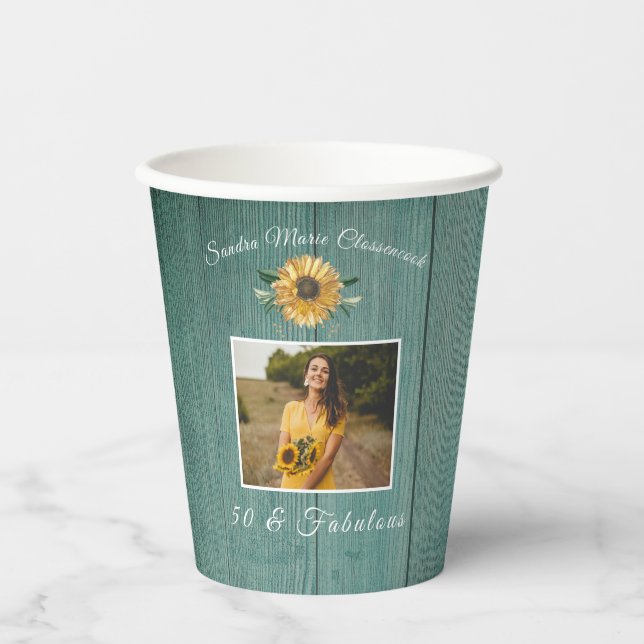 Rustic 50 and Fabulous | Sunflower  Green wood Paper Cups (Front)
