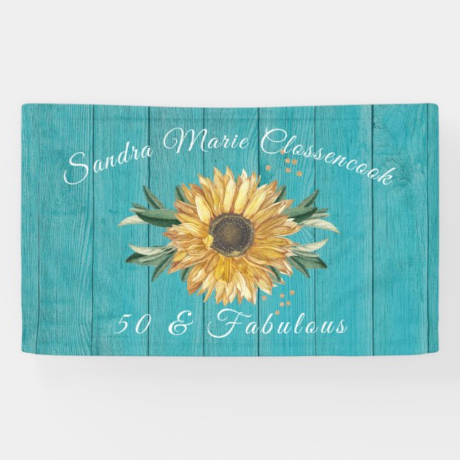 Rustic 50 and Fabulous | Sunflower Teal Birthday  Banner (Horizontal)