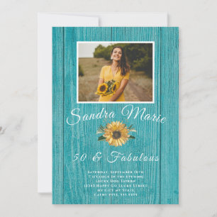 Rustic 50 and Fabulous   Sunflower Teal Birthday Invitation