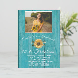 Rustic 50 and Fabulous   Sunflower Teal Birthday Invitation