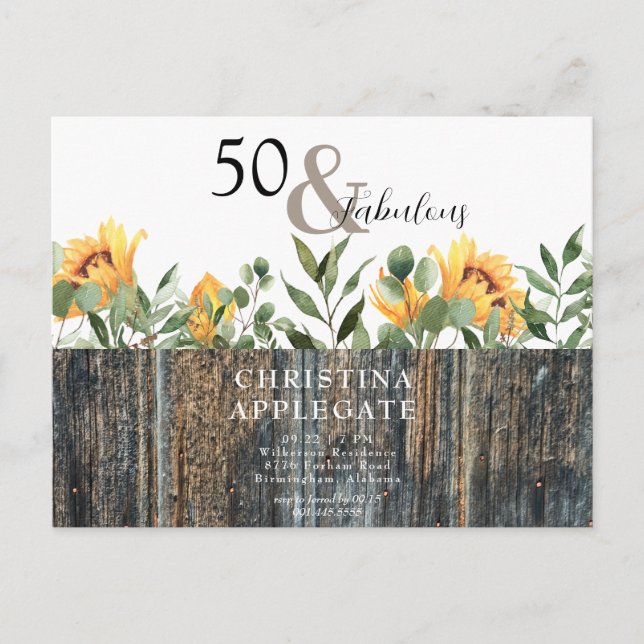 Rustic 50 & Fabulous Sunflower Birthday  Postcard (Front)