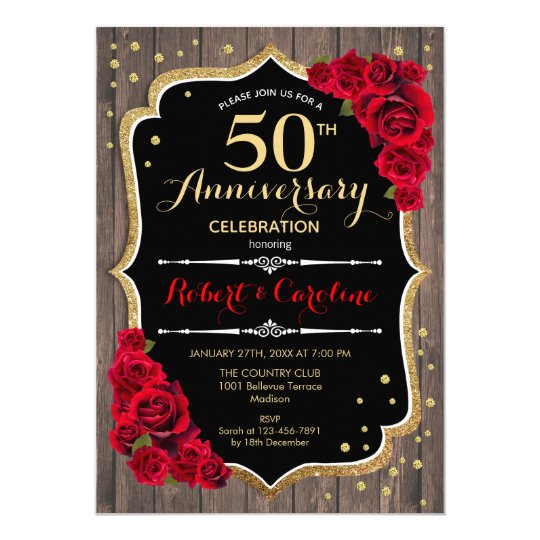 Rustic 50th Anniversary Invitation - Wood Red Gold | Zazzle.ca