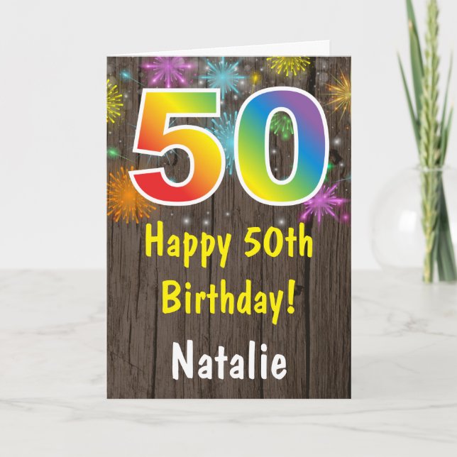 Rustic 50th Birthday Colorful Rainbow Fireworks Card (Front)