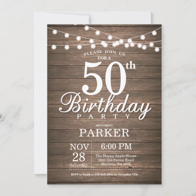 Rustic 50th Birthday Invitation String Lights Wood (Front)