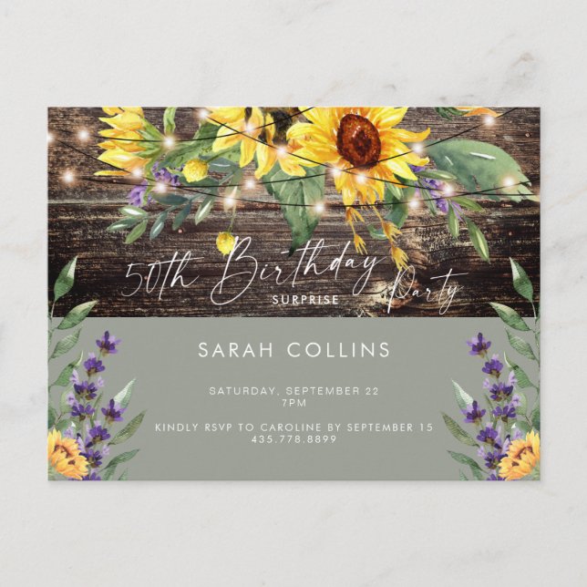 Rustic 50th Birthday Sunflower Sage Birthday  Invitation Postcard (Front)