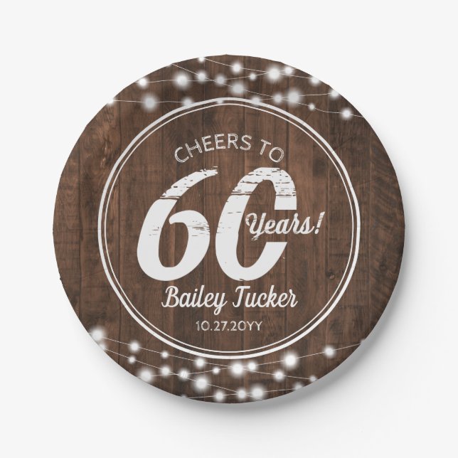 Rustic 60th Birthday String Lights Birthday Party Paper Plate (Front)