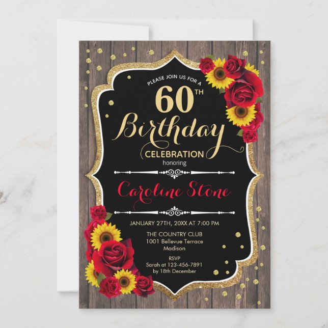 Rustic 60th Birthday - Sunflowers Roses Wood Invitation (Front)