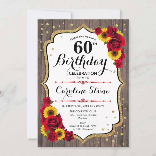 Rustic 60th Birthday - Sunflowers Roses Wood Invitation (Front)