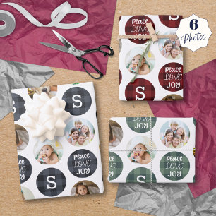 Rustic 6 Photo Monogram Plaid PEACE LOVE JOY Wrapping Paper Sheet