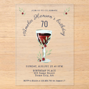Rustic 70th Birthday Red Wine Glass Birthday Acrylic Invitations